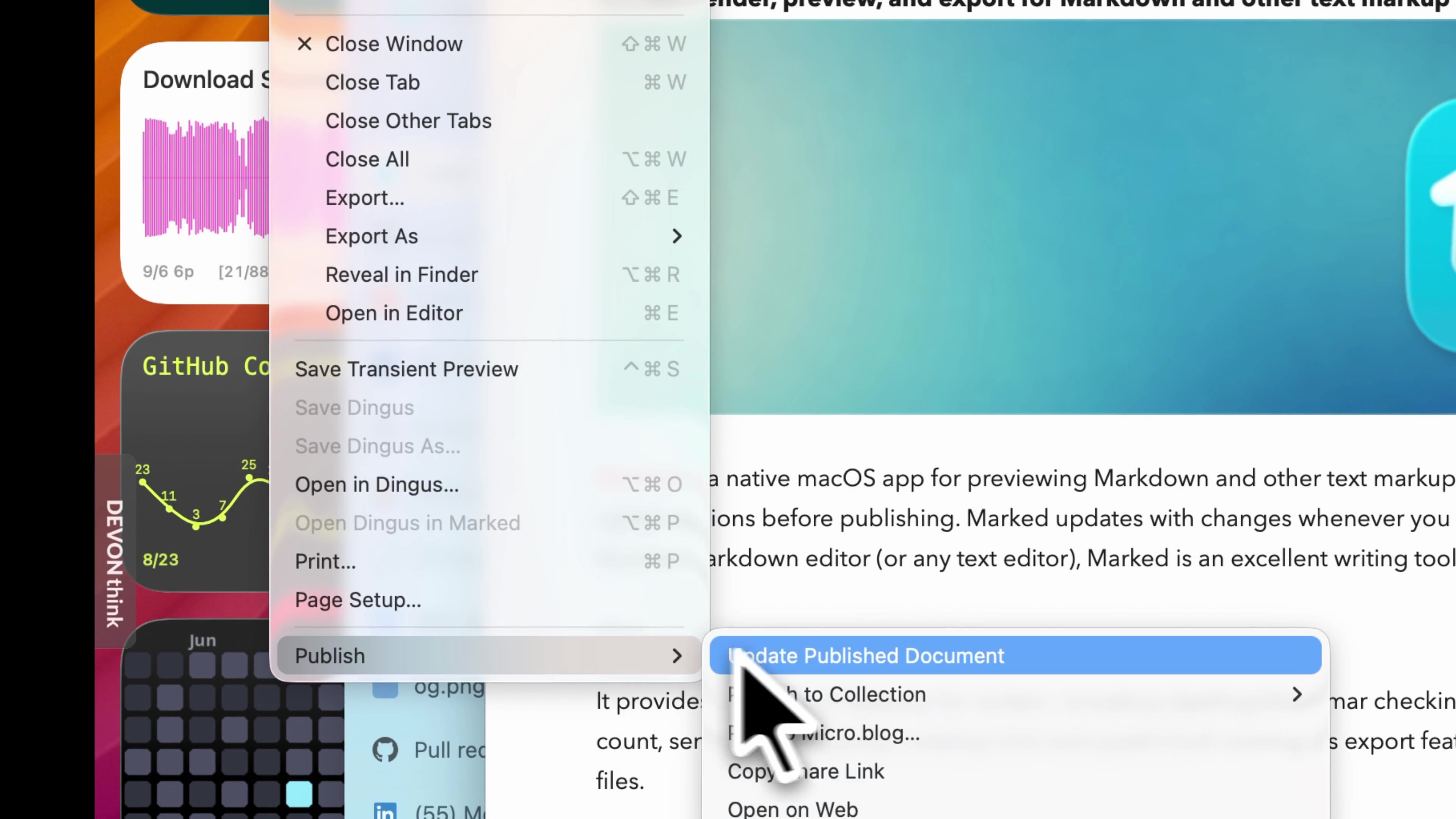 File Publish submenu in Marked 3