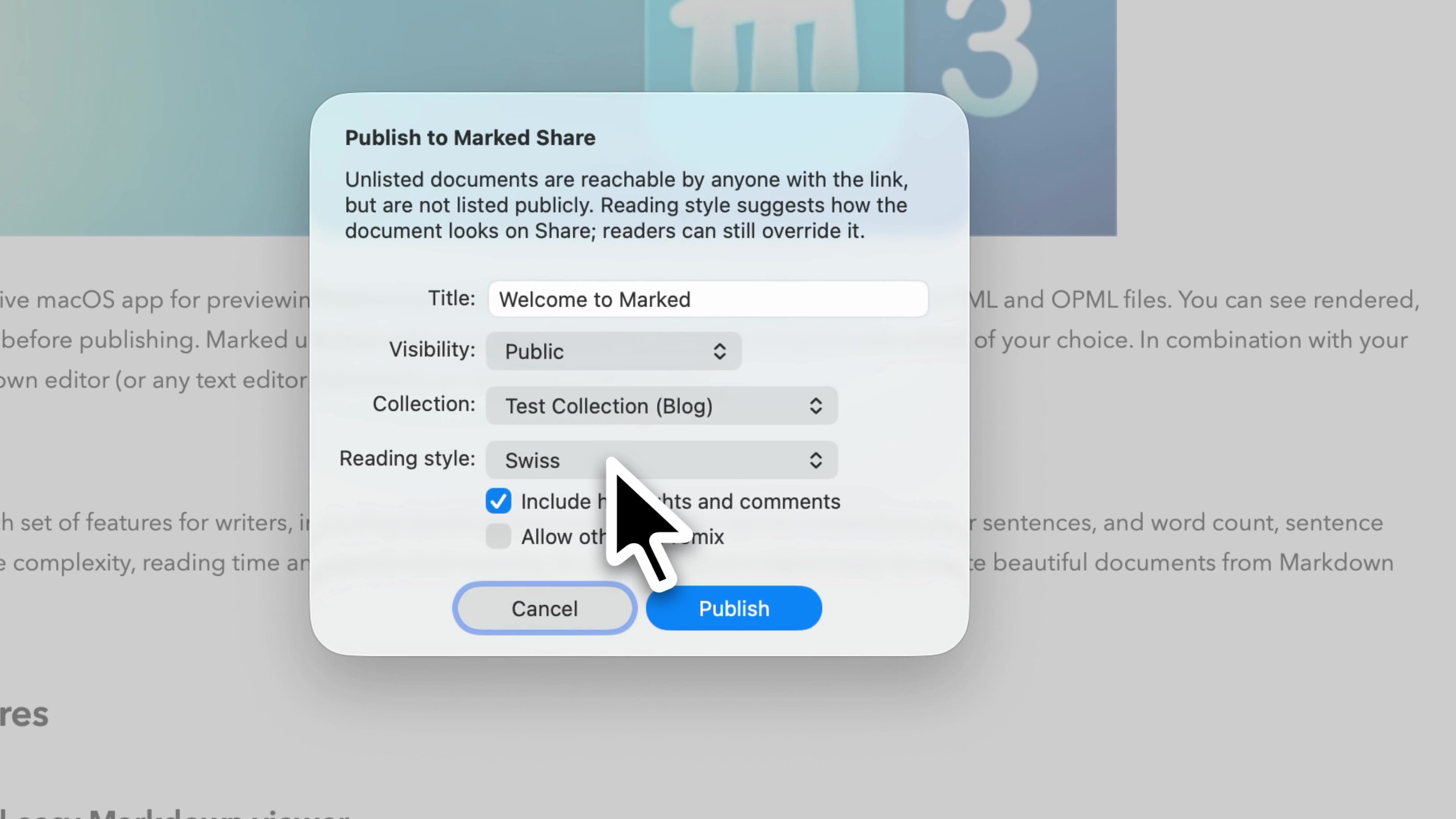 Publish to Marked Share dialog
